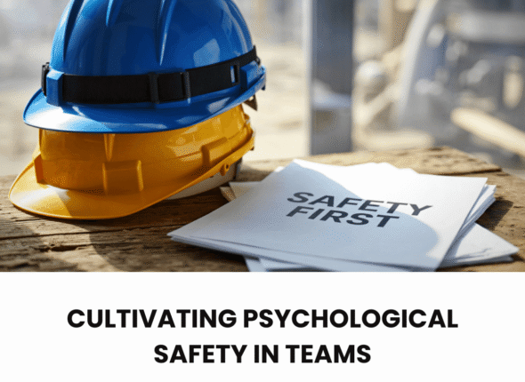 A blue hardhat stacked on top of a yellow hardhat on a desk next to papers that says "safety first."