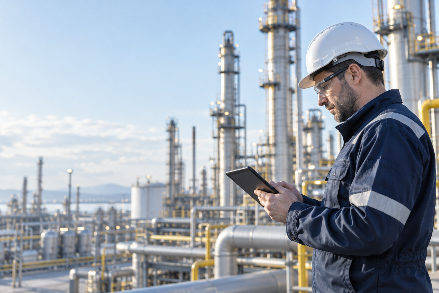 Engineer reviewing a tablet at a refinery